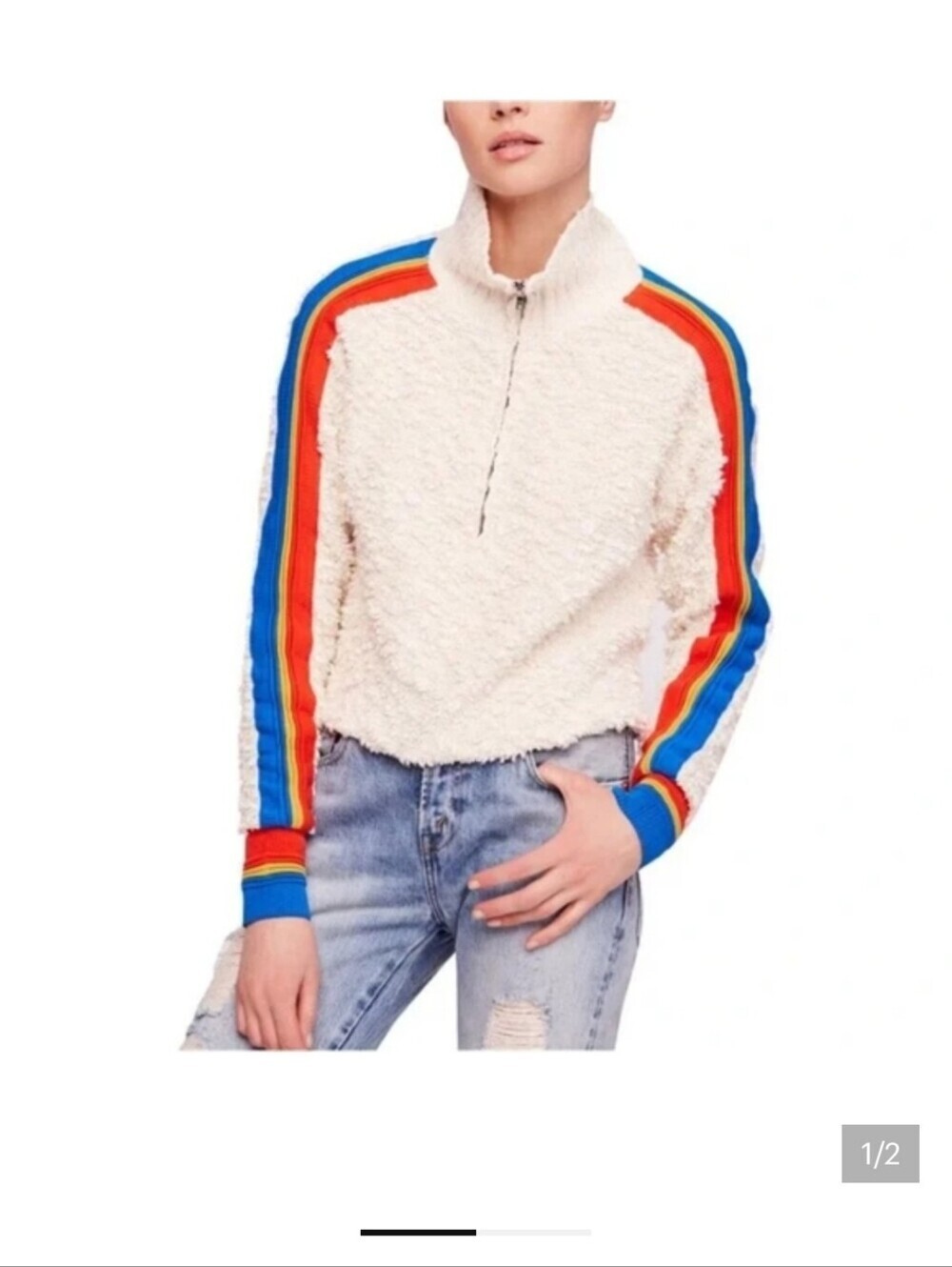 FREE PEOPLE MARSHMALLOW HALF ZIP PUL OVER TOP. LONG SLEEVES RAINBOW STRIPE MED